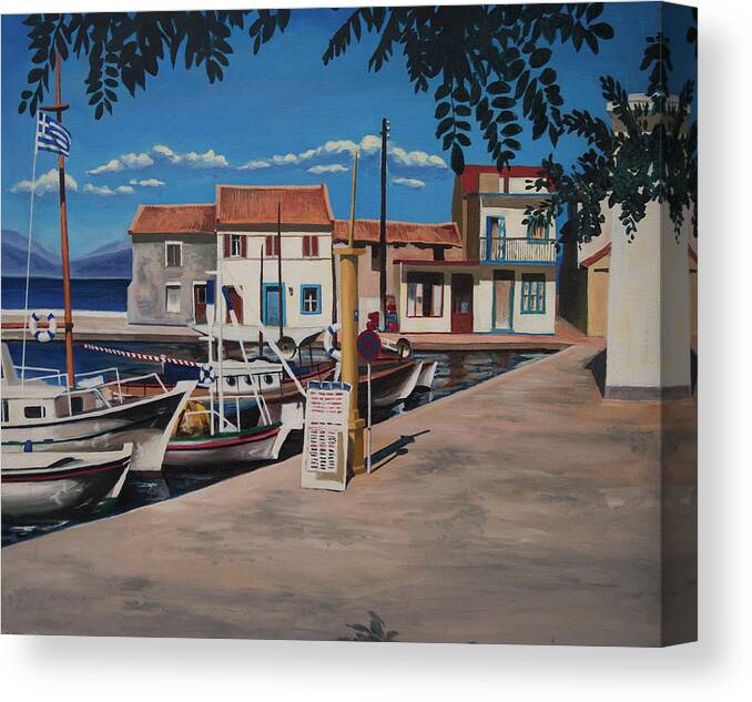 Paxos Canvas Print featuring the painting Loggos harbour 1988 by Nop Briex