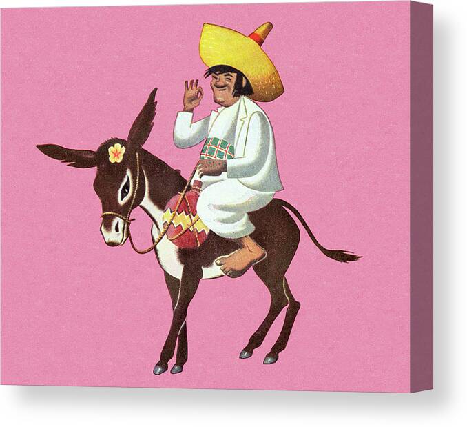 Accessories Canvas Print featuring the drawing Man Riding a Donkey by CSA Images