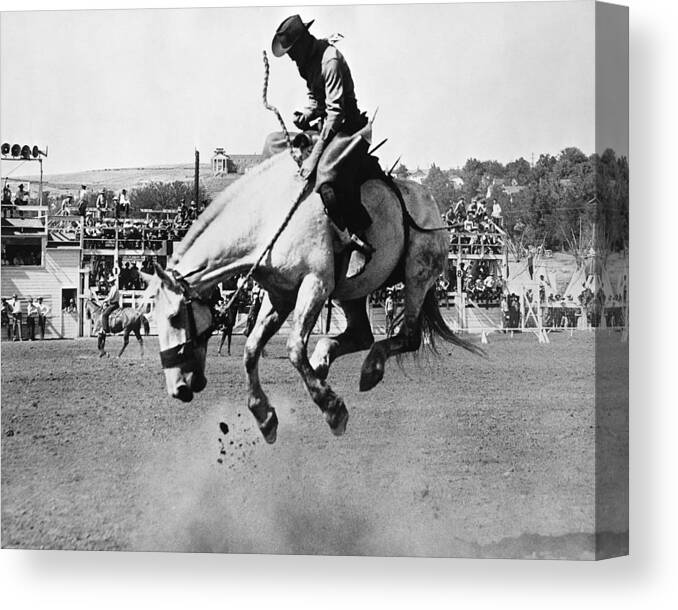 Horse Canvas Print featuring the photograph Man Riding Bucking Horse In Rodeo by Stockbyte