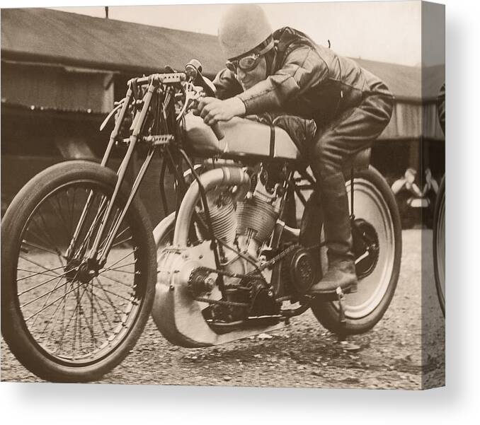 Crash Helmet Canvas Print featuring the photograph Man Sitting On Vintage Motorcycle B&w by Fpg
