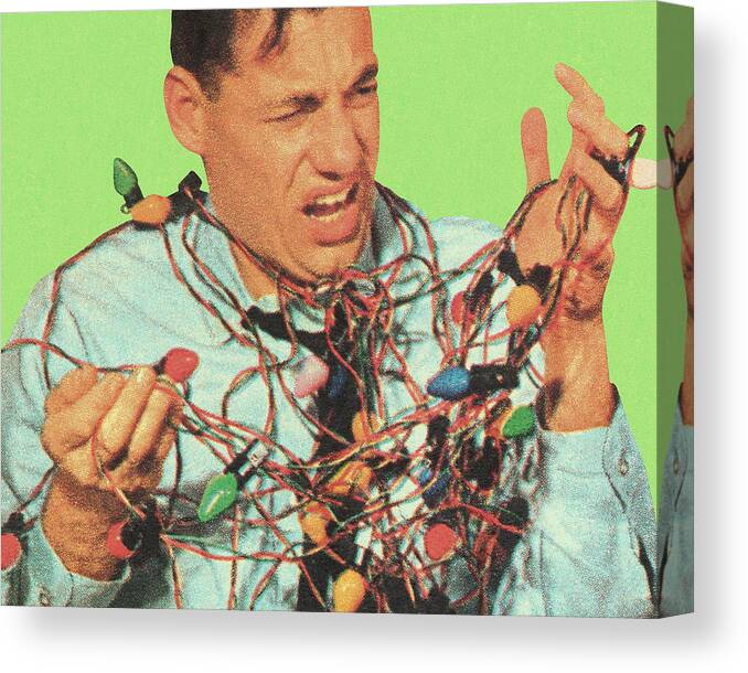 Adult Canvas Print featuring the drawing Man With Tangled Christmas Lights by CSA Images