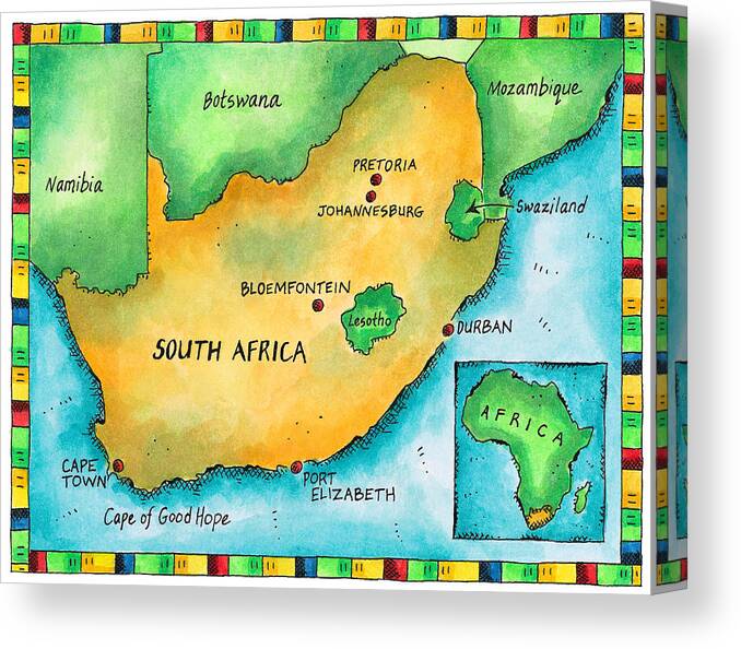 Watercolor Painting Canvas Print featuring the digital art Map Of South Africa by Jennifer Thermes