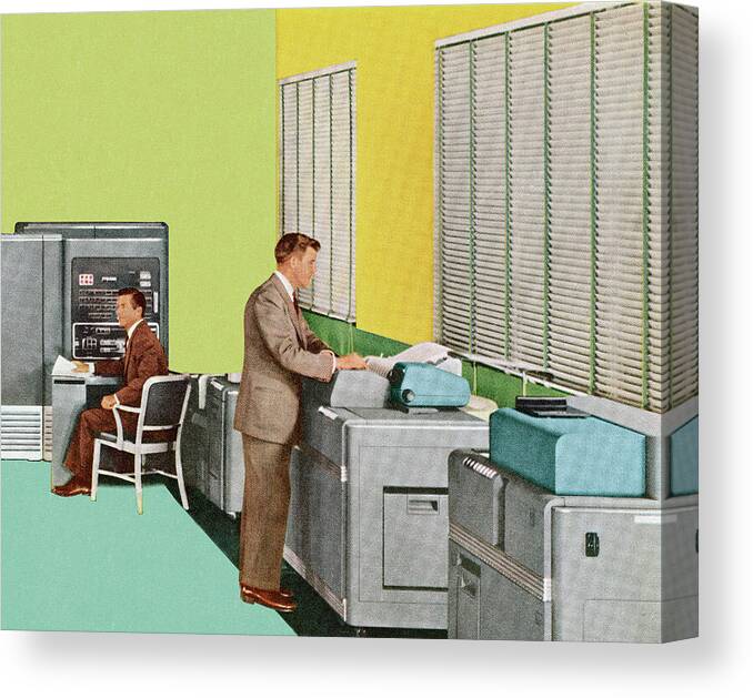 Adult Canvas Print featuring the drawing Men Working in Office by CSA Images