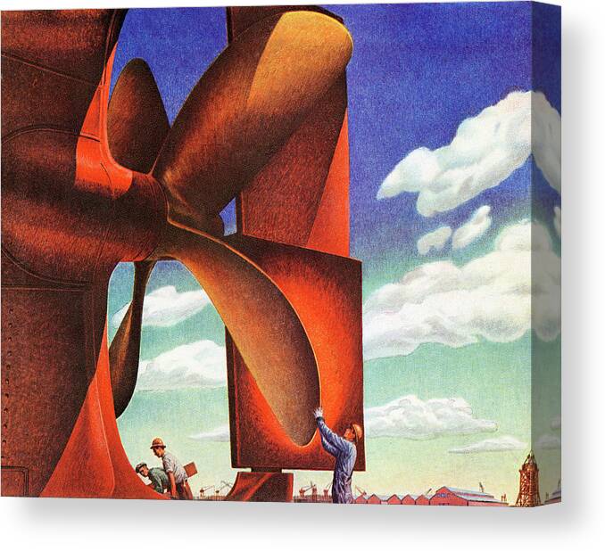 Activity Canvas Print featuring the drawing Men Working on Giant Propeller by CSA Images