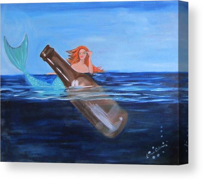Cocktail Canvas Print featuring the painting Mermaid and Beer by Linda Cabrera
