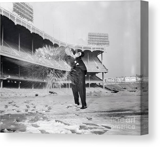 People Canvas Print featuring the photograph Mickey Mantle Hitting Snowballs by Bettmann