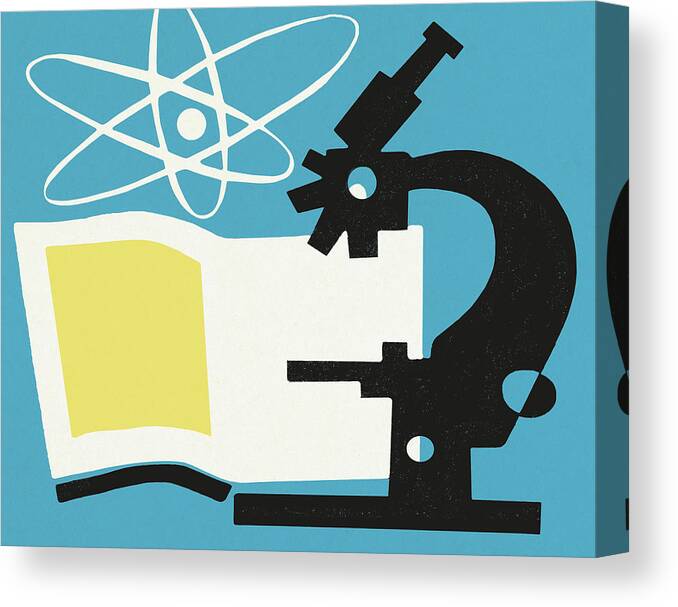 Atom Canvas Print featuring the drawing Microscope and Textbook by CSA Images