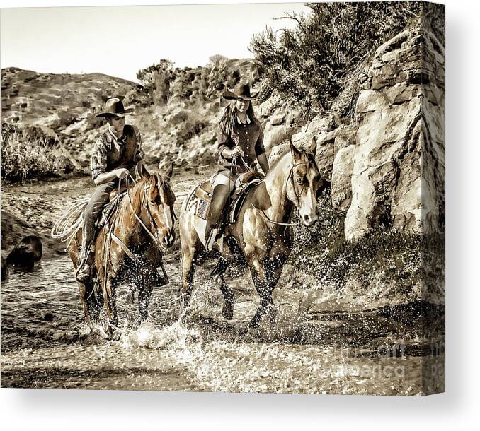 Cowboy Cowgirl Sepia Tone Photography Canvas Print featuring the photograph Midday Ride by Jerry Cowart