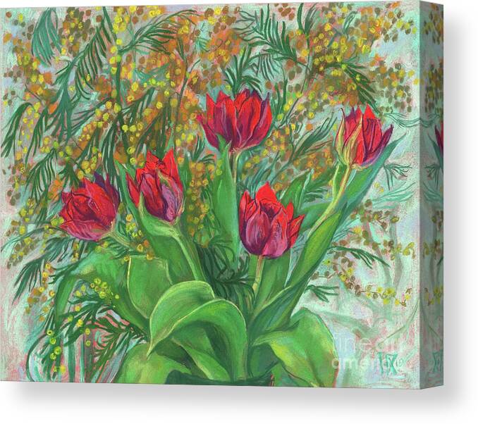 Soft Pastel Painting Canvas Print featuring the pastel Mimosa and Tulips, Spring Flowers by Julia Khoroshikh