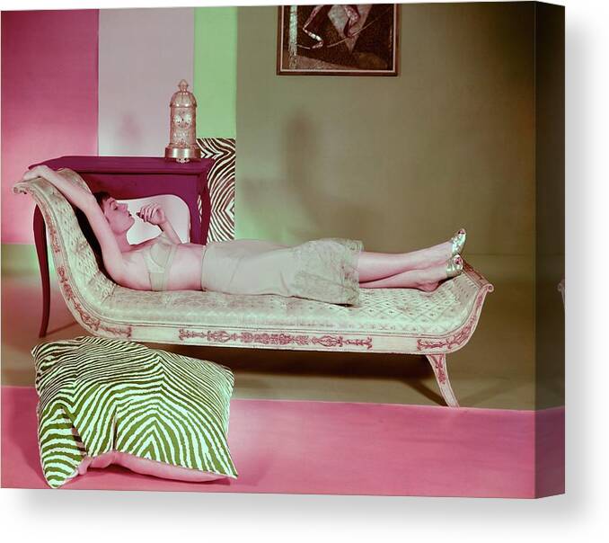Fashion Canvas Print featuring the photograph Model In Saks Fifth Avenue Lingerie by Horst P. Horst