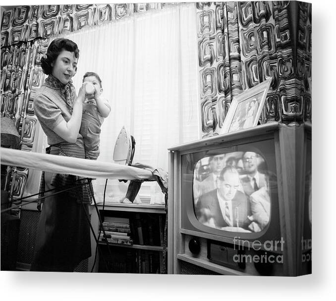 Milk Canvas Print featuring the photograph Mother And Son Watching Mccarthy by Bettmann