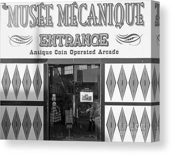 Wingsdomain Canvas Print featuring the photograph Musee Mechanique Vintage Penny Arcade DSC6813 bw by Wingsdomain Art and Photography