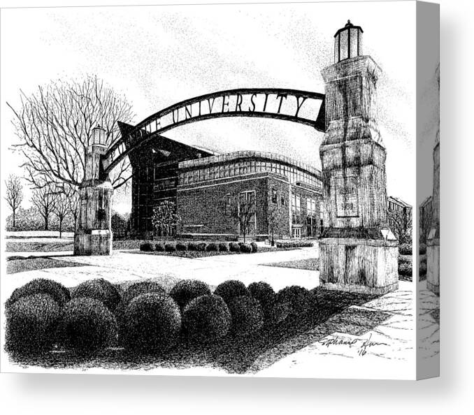 Gate Canvas Print featuring the drawing Neil Armstrong Hall of Engineering, Purdue University, West Lafayette, Indiana by Stephanie Huber