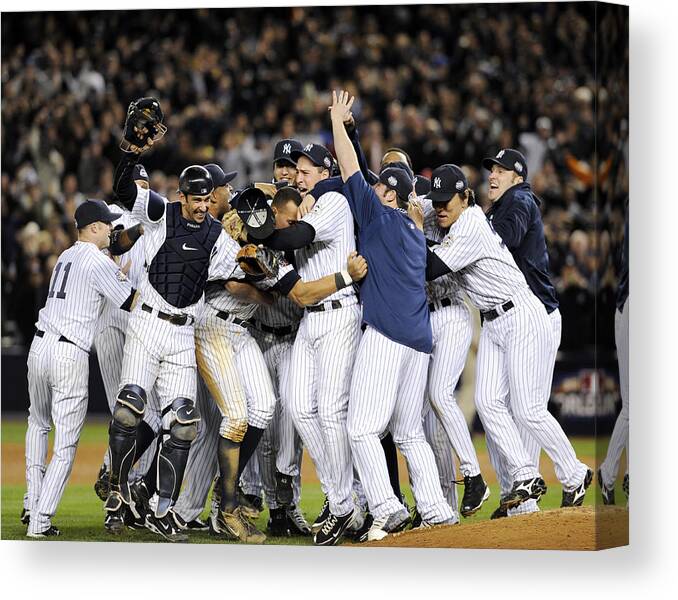 American League Baseball Canvas Print featuring the photograph New York Yankees Celebrate After by New York Daily News Archive