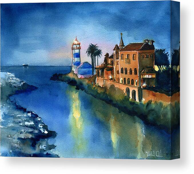 Portugal Canvas Print featuring the painting Nightfall in Cascais Portugal by Dora Hathazi Mendes