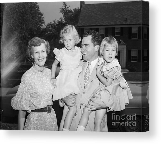 Copy Editor Canvas Print featuring the photograph Nixon Hugging Daughters by Bettmann