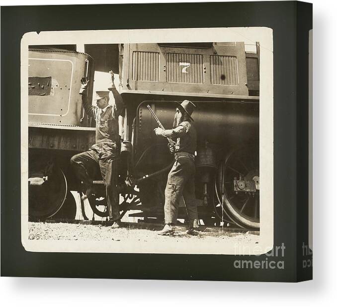 Rifle Canvas Print featuring the photograph Old Movie Still Of Train Robbery by Bettmann