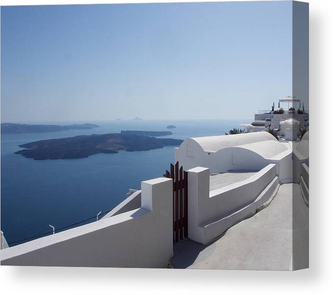 Balcony Canvas Print featuring the photograph Overlooking the Sea in Santorini by L Bosco