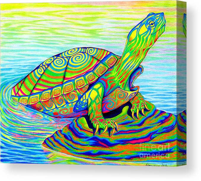Turtle Canvas Print featuring the drawing Psychedelic Neon Rainbow Painted Turtle by Rebecca Wang