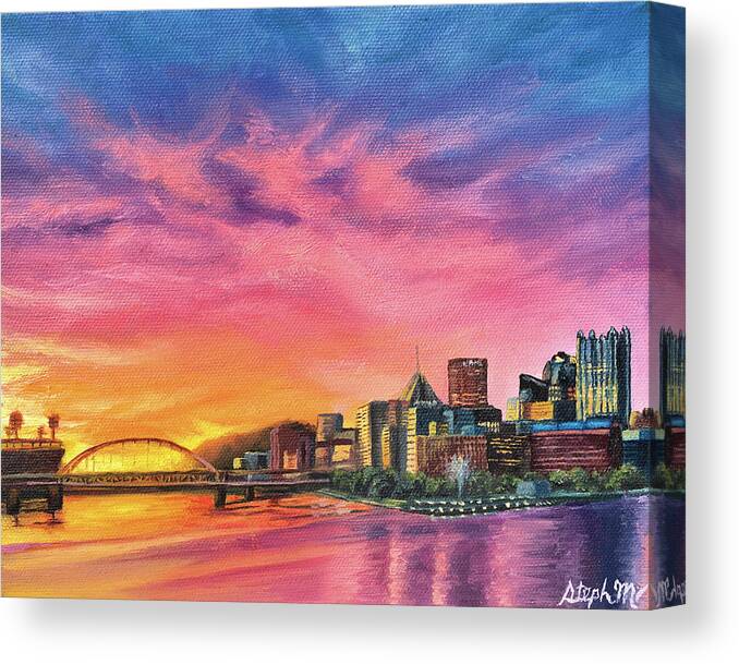 Pittsburgh Canvas Print featuring the painting Pittsburgh Summer Sunrise by Steph Moraca