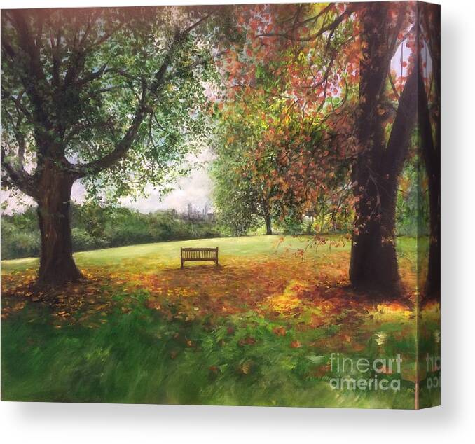 Lizzy Forrester Canvas Print featuring the painting Primrose Hill On An Autumn Day London In The Distance by Lizzy Forrester