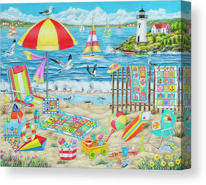 Quilts At The Beach Canvas Print featuring the mixed media Quilts At The Beach by Vessela G.