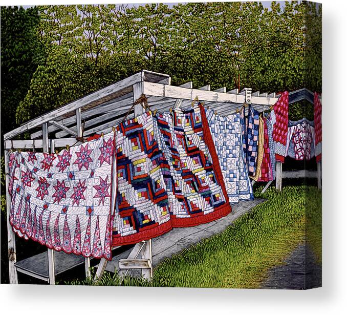 Several Quilts Hanging On Line Canvas Print featuring the painting Quilts For Sale 2 by Thelma Winter