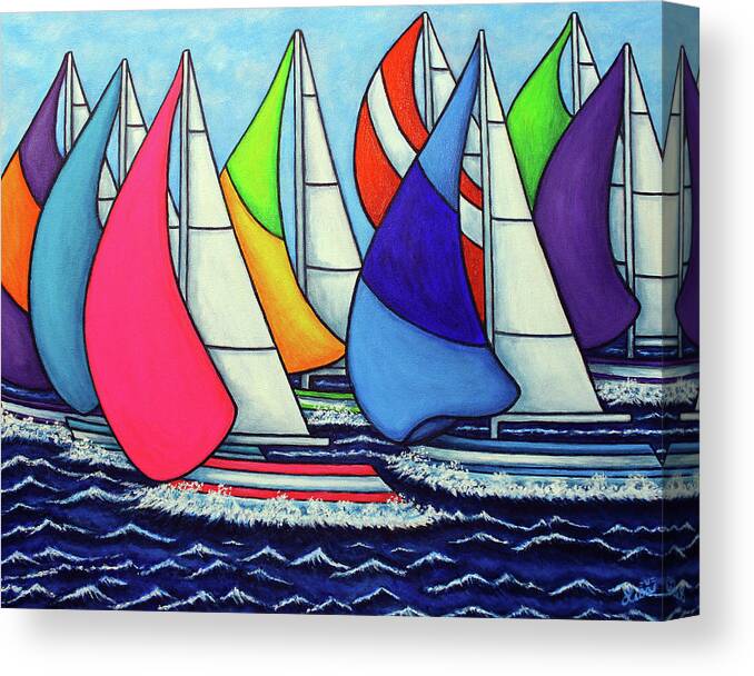 Sailing Canvas Print featuring the painting Rainbow Racing Regatta by Lisa Lorenz