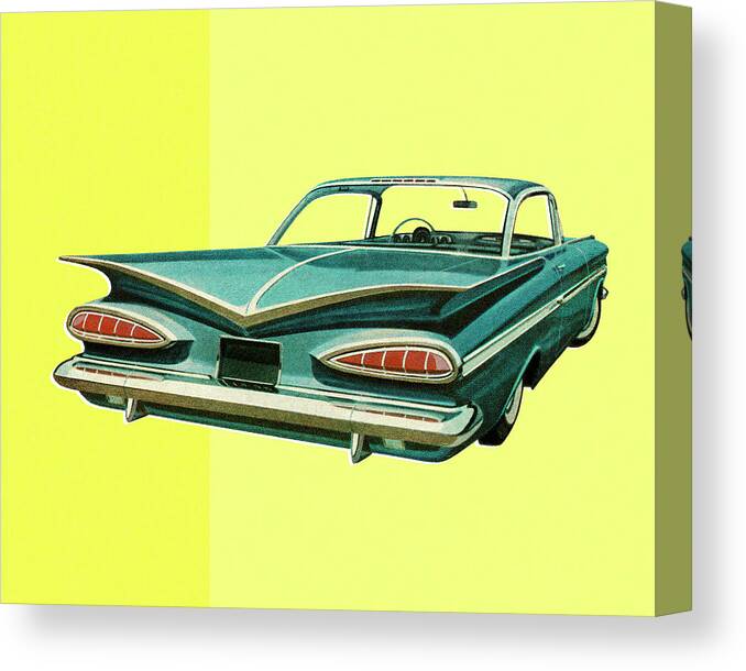 Auto Canvas Print featuring the drawing Rear View of Vintage Blue Car by CSA Images