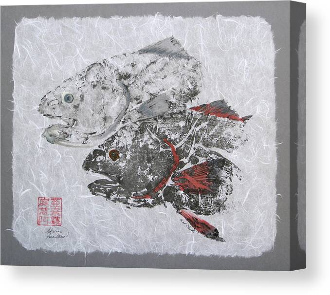 Redfish Canvas Print featuring the painting Red Fish Head Duo with Border by Adrienne Dye