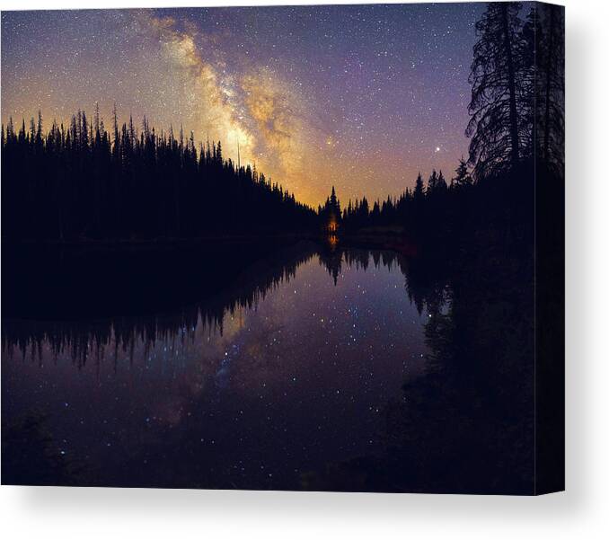 Colorado Canvas Print featuring the photograph Milky Way at Lake Irene in Colorado's Rocky Mountains by Lena Owens - OLena Art Vibrant Palette Knife and Graphic Design