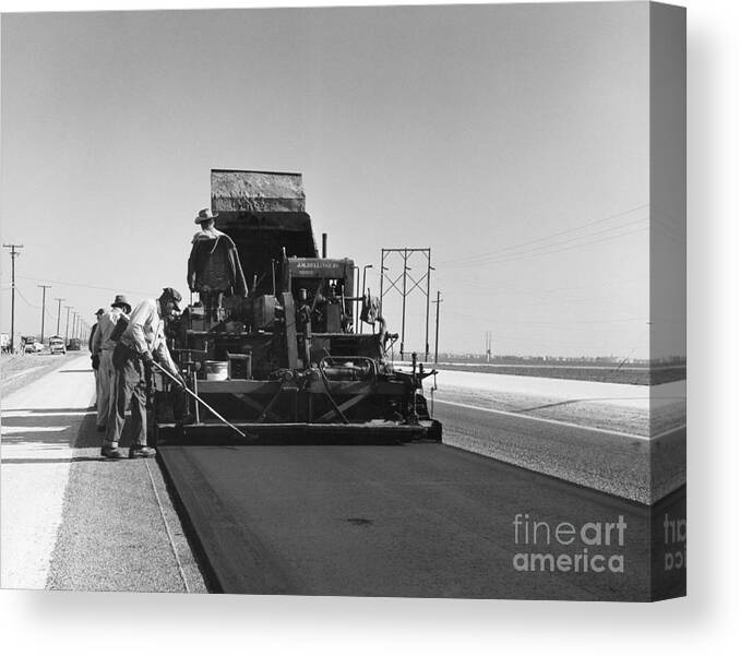 People Canvas Print featuring the photograph Road Being Resurfaced Hot Asphalt Mix by Bettmann
