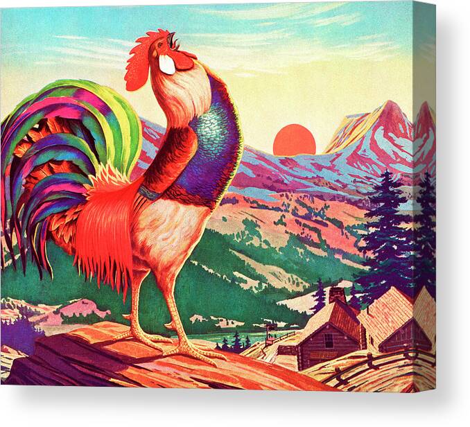Agriculture Canvas Print featuring the drawing Rooster and Landscape by CSA Images