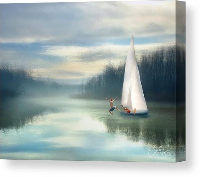 Sailing Boats Canvas Print featuring the mixed media Sailing Down the River by Colleen Taylor