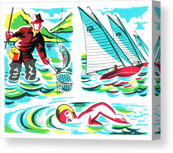 Activity Canvas Print featuring the drawing Sailing swimming fishing by CSA Images