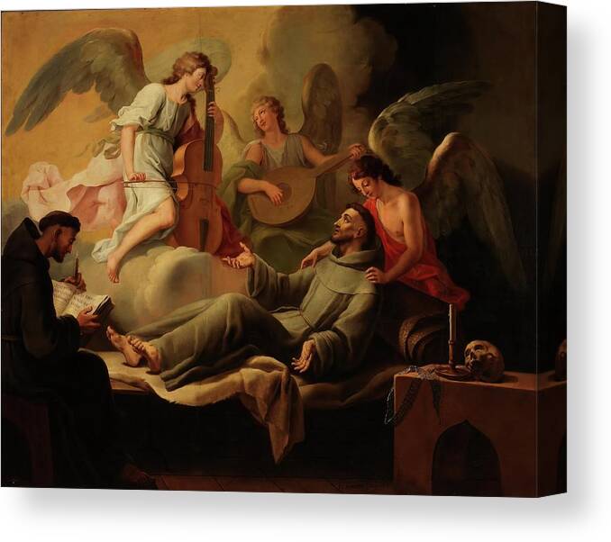 Francis Of Assisi Canvas Print featuring the painting 'Saint Francis Comforted by Angels'. 1788. Oil on canvas. by Jose Camaron Bonanat Jose Camaron