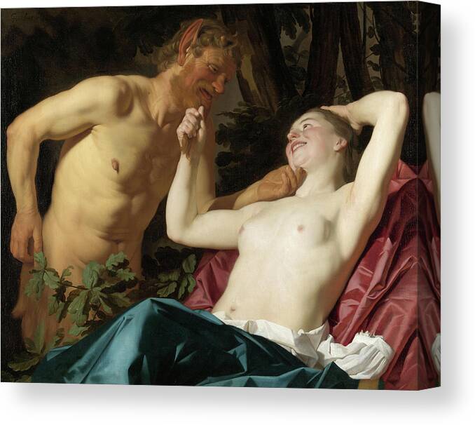 Gerard Van Honthorst Canvas Print featuring the painting Satyr and Nymph, 1623 by Gerard van Honthorst