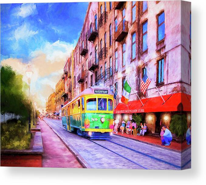 Savannah Canvas Print featuring the mixed media Savannah River Street Streetcar by Mark Tisdale