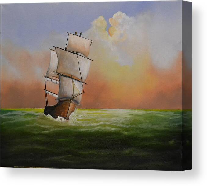 This Is An Oil Painting Of A Sailing Ship On The Ocean. The Ocean Is Calm With Small Waves Breaking On The Ship's Hull. The Sun Is Attempting To Break Out Of The Clouds. The Sun Light Is Being Reflected Off Of The Waves. The Ship Has Most Of It's Sails Opened Up For The Wind.i Created Some Low Hanging Clouds On The Horizon. The Ship Is Made Of Wood And I Detailed The Hull To Expose The Wooden Planks. This Sailing Ship Is From The 1800's. The Painting Is A Great Gift. Canvas Print featuring the painting Setting Sail by Martin Schmidt
