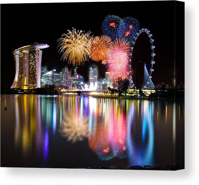 Firework Display Canvas Print featuring the photograph Singapore Countdown 2012 Firework by Guowen Wang