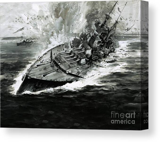 Sea Canvas Print featuring the painting Sinking Battleship by Graham Coton