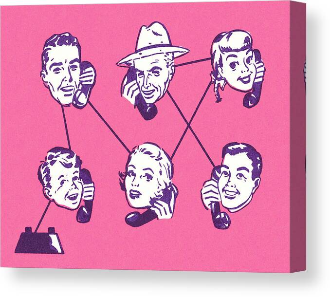 Adult Canvas Print featuring the drawing Six People on a Phone Conversation by CSA Images