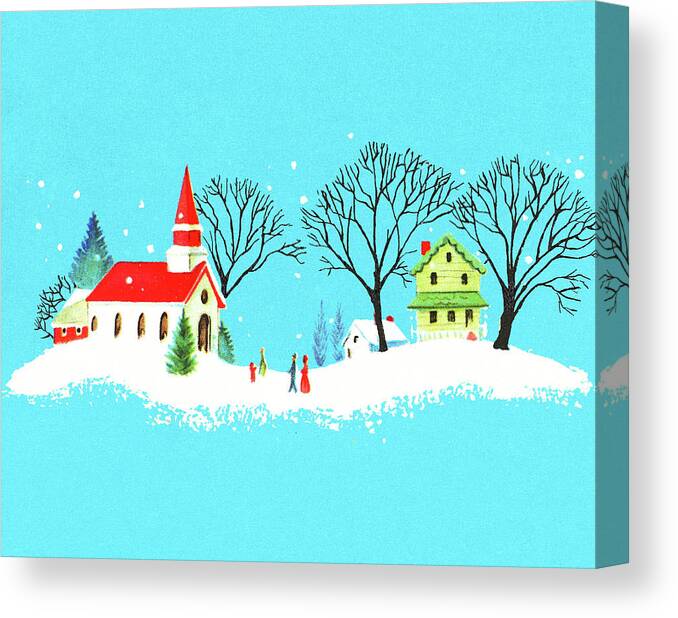 Blue Background Canvas Print featuring the drawing Snowy Village Church Scene by CSA Images