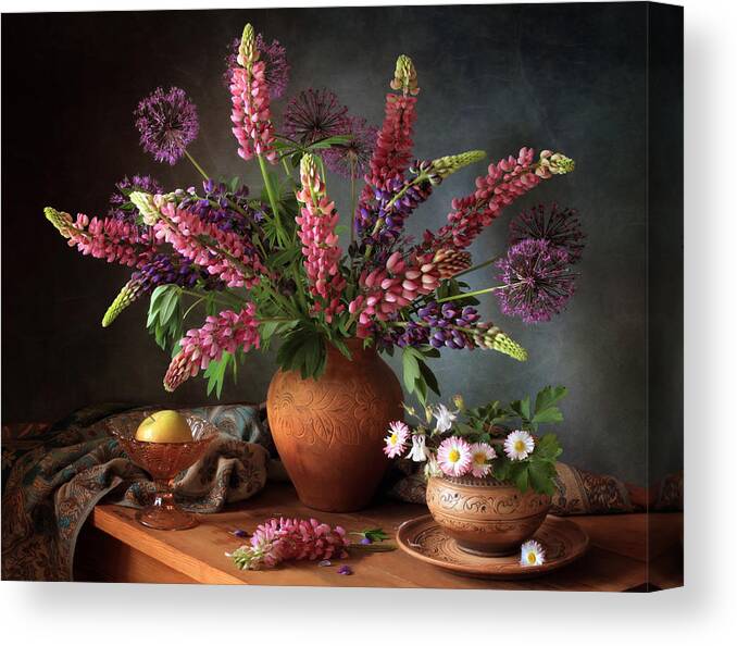 Still-life Canvas Print featuring the photograph Still Life With A Bouquet Of Lupine by Tatyana Skorokhod (??????? ????????)
