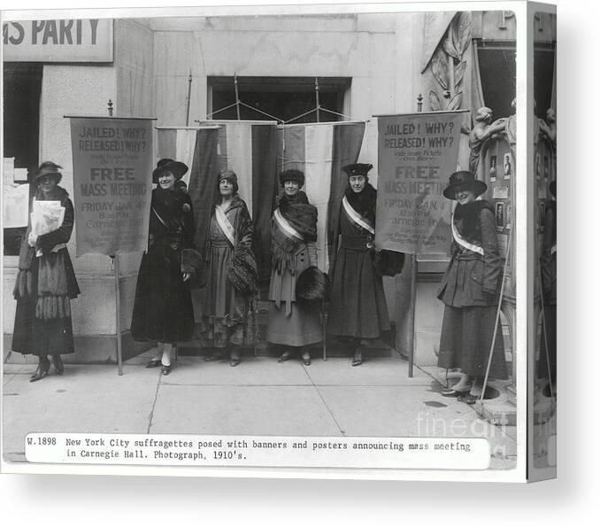 People Canvas Print featuring the photograph Suffragettes Posing With Banners by Bettmann