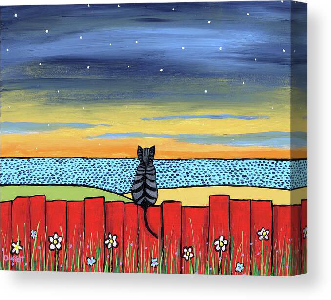 Tabby Cat Red Fence Sunset Ocean Canvas Print featuring the painting Tabby Cat Red Fence Sunset Ocean by Shelagh Duffett