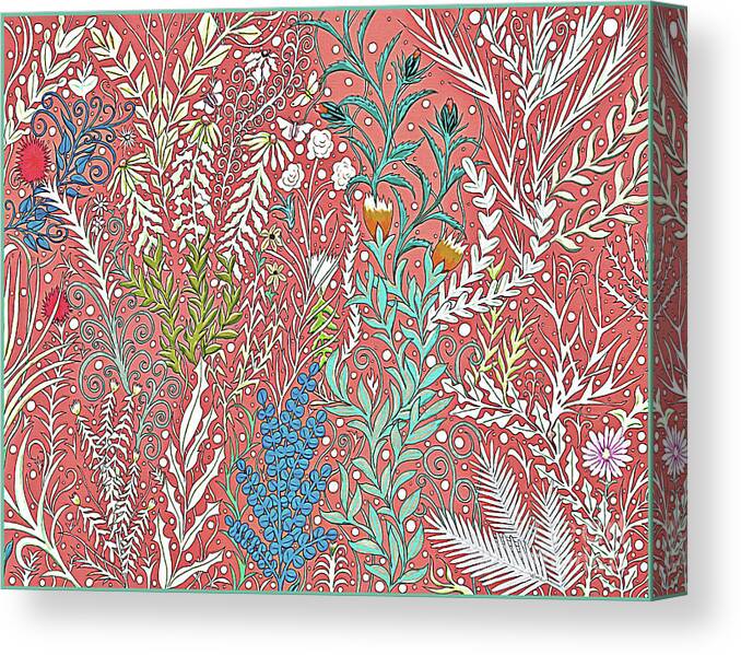 Lise Winne Canvas Print featuring the digital art Textured Salmon Colored Tapestry Design with Leaves and Butterflies by Lise Winne