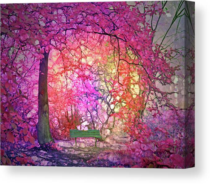 Tree Canvas Print featuring the digital art The Bench that Dreams Beneath the Pink Trees by Tara Turner