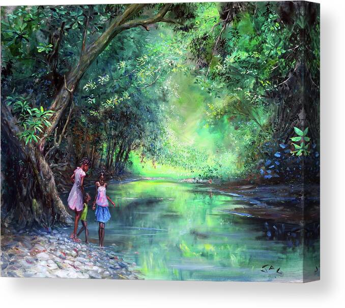 Caribbean Art Canvas Print featuring the painting Three Children by the River by Jonathan Gladding
