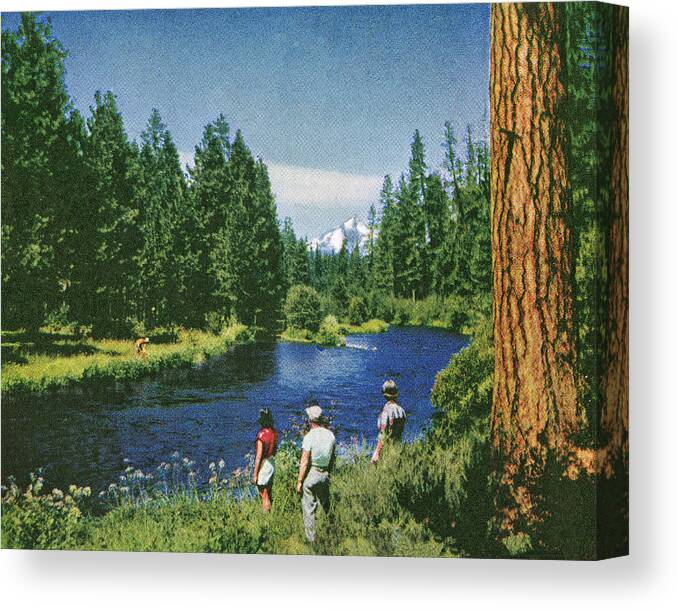 Campy Canvas Print featuring the drawing Three People by a Lake in the Wilderness by CSA Images